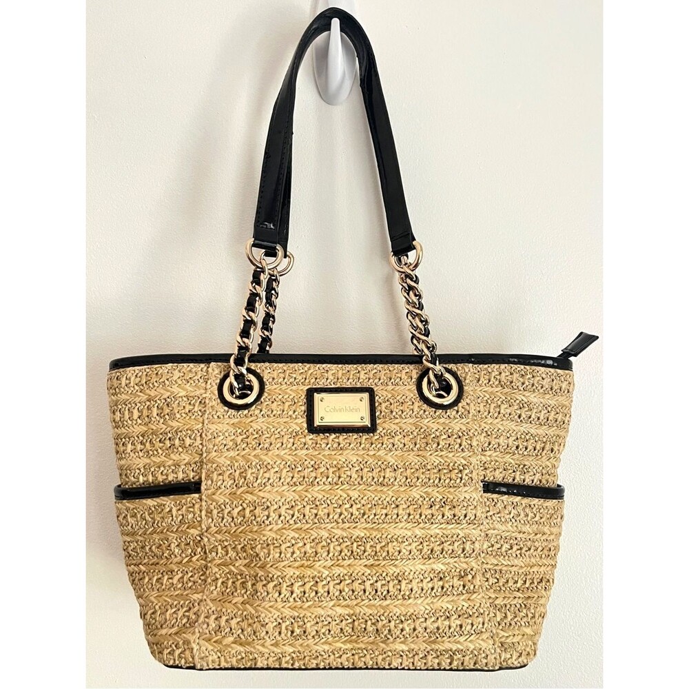 Calvin Klein Woven Handbag Double Chain Strap Boho Vacation Casual